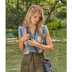 Johnny Was Hunter Ophelia Printed Silk Ruffle Blouse Sz XXL Boho Romantic